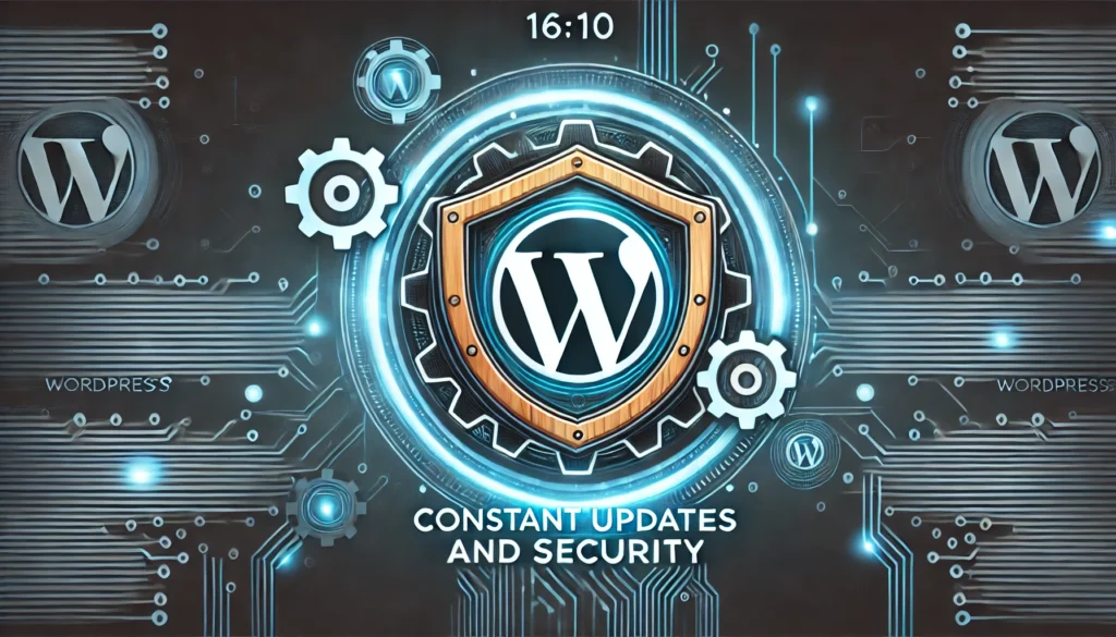 A secure shield with the WordPress logo at its center, surrounded by gears and digital circuitry, symbolizing constant updates and strong security measures in a futuristic tech design.