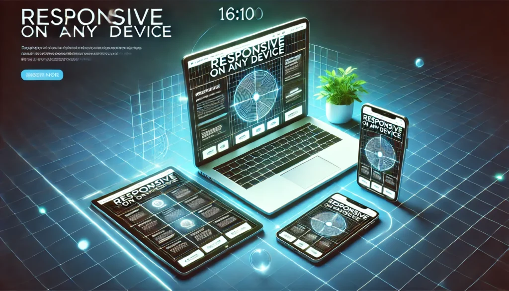 A futuristic digital display showcasing a responsive website on a laptop, tablet, and smartphone, emphasizing adaptability across different devices. The glowing grid background highlights a modern and high-tech design.