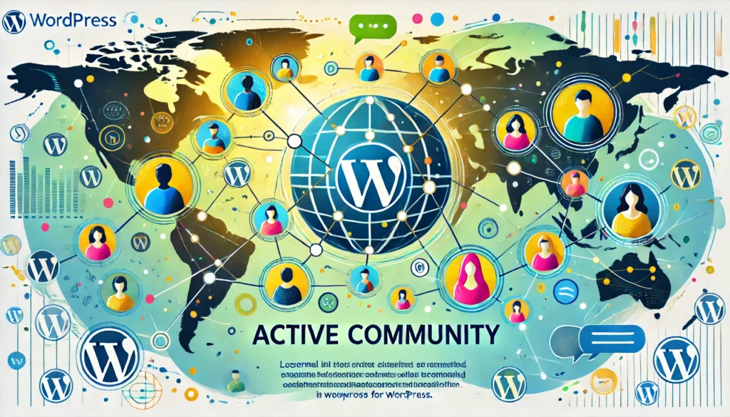 A global network of connected users represented by avatars linked across a world map, symbolizing an active and engaged online community. Features communication icons and digital connections surrounding a central globe.