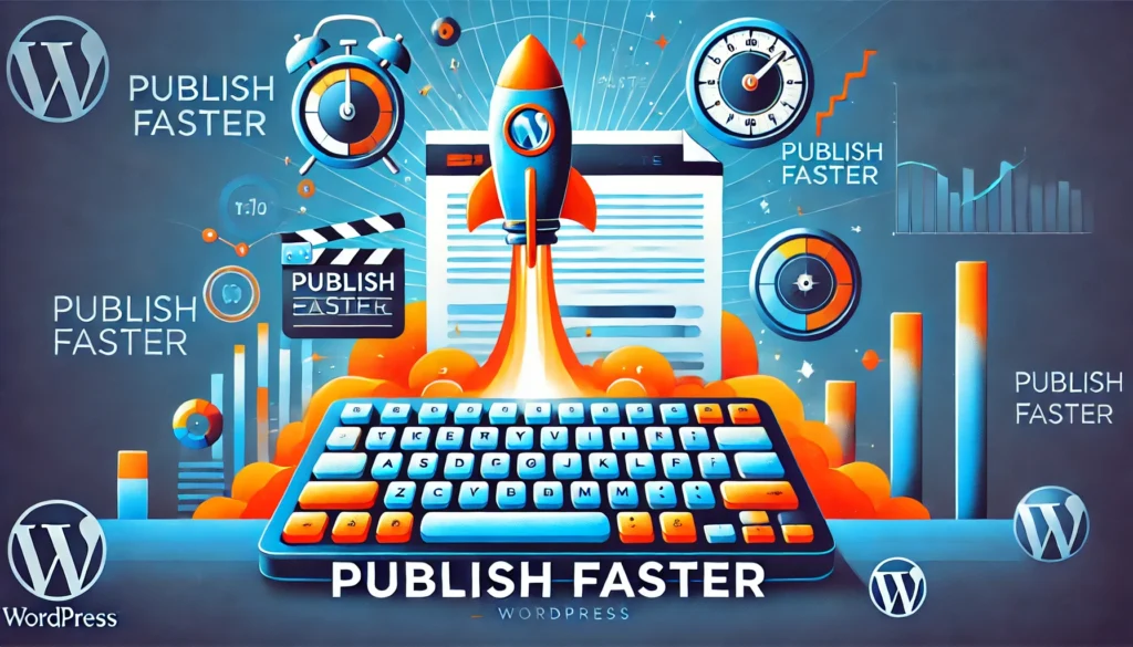 Publish faster with WordPress illustrated by a rocket launching from a keyboard, symbolizing speed and efficiency in content creation. Features WordPress logos, performance metrics, and analytics charts to highlight rapid publishing capabilities.