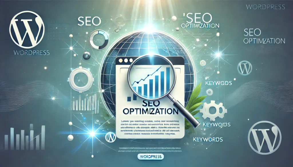 SEO optimization for WordPress illustrated with a magnifying glass over a web browser, analyzing keyword data and ranking growth. Features WordPress logos, analytics charts, and global connectivity symbols, highlighting the importance of SEO for better website visibility.