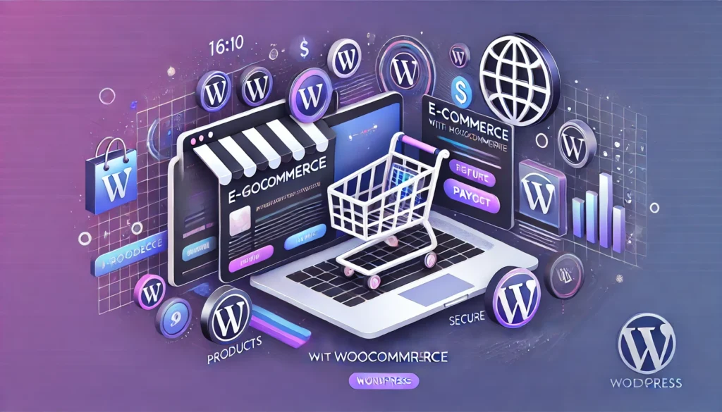 E-commerce with WooCommerce for WordPress illustrated with a shopping cart on a laptop, digital storefront elements, and WordPress logos. Highlights online store features like secure payments, product listings, and global reach using WooCommerce.