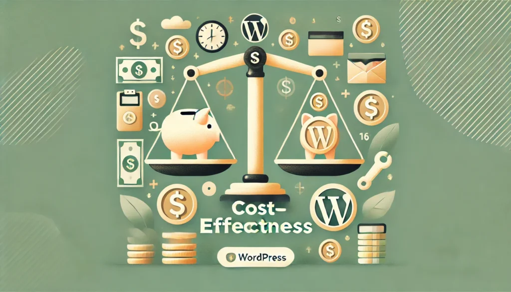 Cost-effectiveness of WordPress illustrated with a balanced scale featuring a piggy bank and a WordPress-branded coin, surrounded by financial symbols like dollar bills, coins, and budgeting icons. Highlights the affordability and benefits of using WordPress for website development.