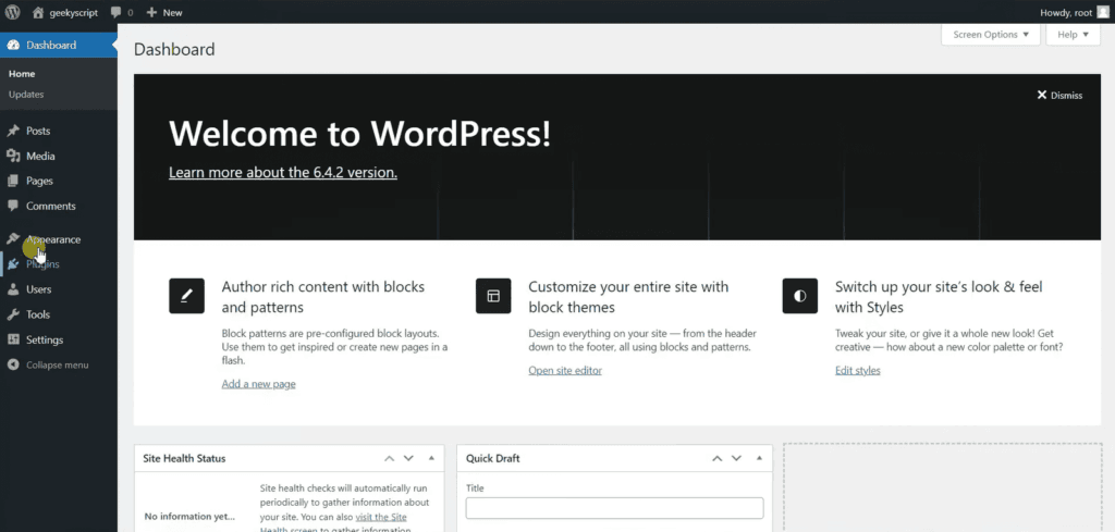 WordPress dashboard interface displaying the welcome screen, navigation menu, and key options for managing posts, pages, themes, plugins, and settings.