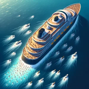 a ship over an ocean, and people are swimming toward the ship.