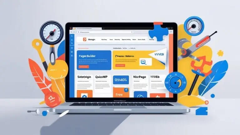 A visually engaging featured image showcasing a laptop screen displaying a WordPress page builder interface. Surrounding the laptop are creative tools like a speedometer, wrench, and puzzle pieces, symbolizing customization, performance, and flexibility. The background includes vibrant colors and design elements emphasizing the focus on free alternatives to Elementor for website building.