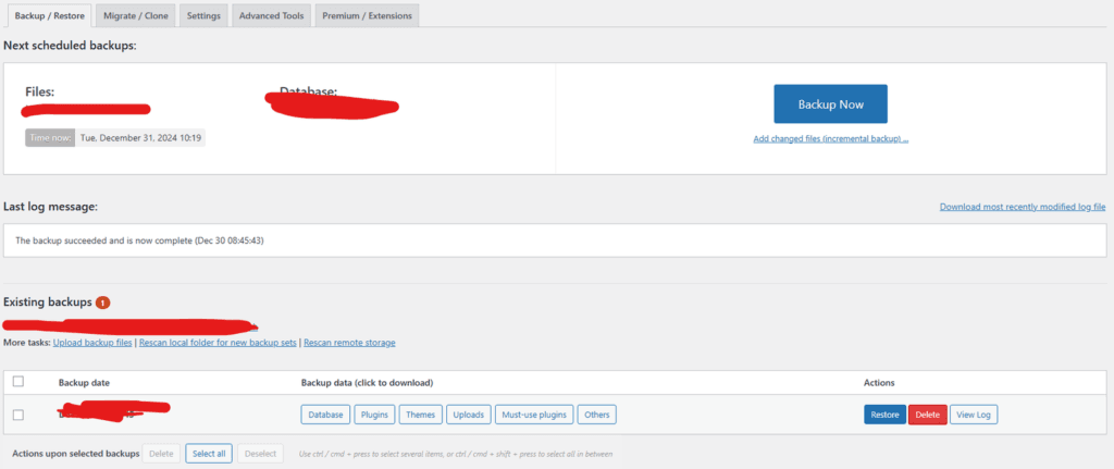 UpdraftPlus backup dashboard