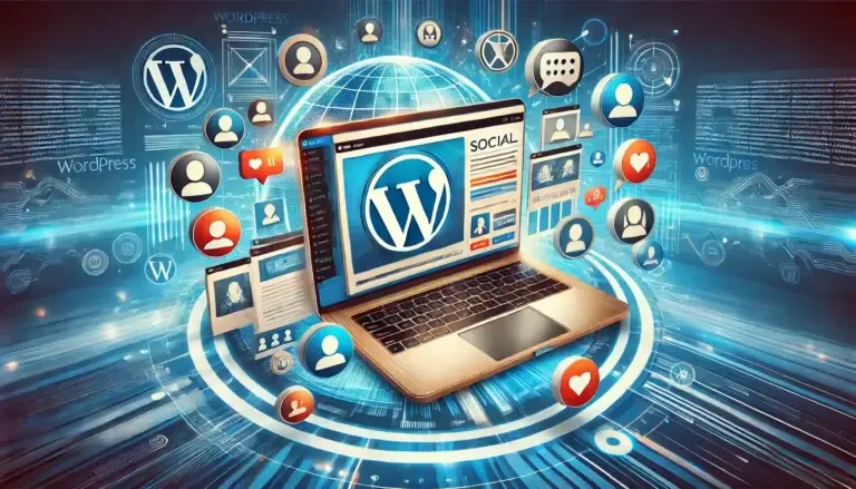 Digital illustration representing the creation of a social media website using WordPress. The image features a laptop screen displaying a social media interface, the WordPress logo, and icons for chat, user engagement, likes, and community interaction.