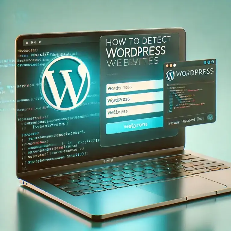 A modern laptop displaying the WordPress login page, code snippets, and browser inspect tool, symbolizing website detection. The WordPress logo is visible in the top left, with a soft blue gradient background. Overlaid text reads 'How to Detect WordPress Websites,' emphasizing technology and web development.