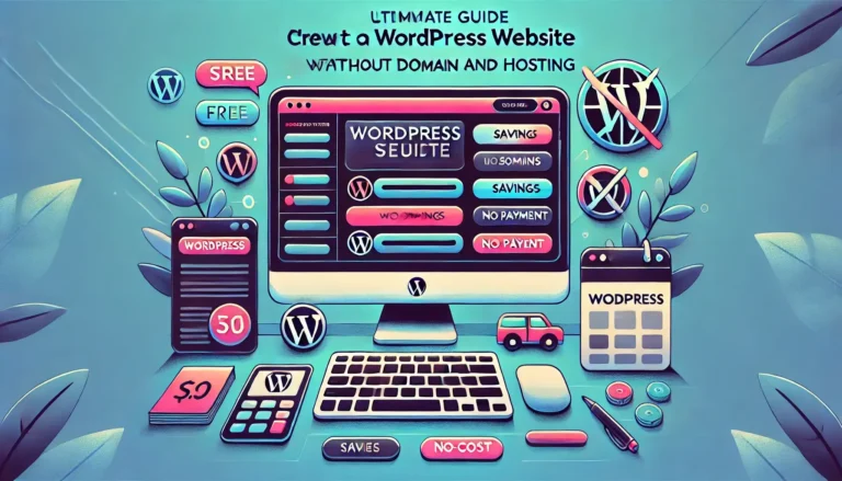 Laptop displaying WordPress dashboard with symbols of zero cost, emphasizing the concept of creating a website without domain or hosting.