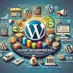 DALL·E 2025-03-09 11.45.15 – A featured image for an article titled ‘How WordPress Makes Money.’ The image showcases the WordPress logo at the center, surrounded by visual element A visual representation of how WordPress makes money, featuring the WordPress logo at the center surrounded by icons symbolizing various revenue streams such as paid plans, advertisements, domain sales, WooCommerce, Jetpack, enterprise hosting, and affiliate marketing. The background has a professional, business-themed gradient with elements like dollar signs, shopping carts, hosting servers, and ad banners, illustrating WordPress’s financial model.
