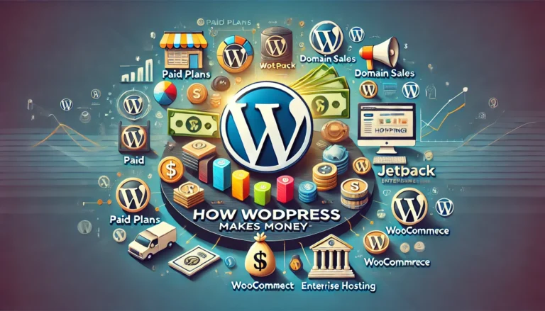 A visual representation of how WordPress makes money, featuring the WordPress logo at the center surrounded by icons symbolizing various revenue streams such as paid plans, advertisements, domain sales, WooCommerce, Jetpack, enterprise hosting, and affiliate marketing. The background has a professional, business-themed gradient with elements like dollar signs, shopping carts, hosting servers, and ad banners, illustrating WordPress’s financial model.