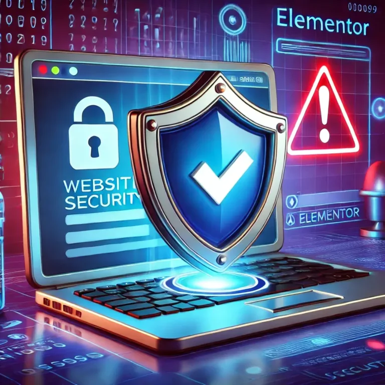 A digital illustration representing website security. A glowing shield with a checkmark is displayed over a laptop screen showing Elementor's interface, while a red warning symbol in the background highlights security risks.