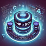 An eye-catching, futuristic web development-themed image featuring PHP and SQL symbols with a glowing blue and purple tech background. The words 'PHP vs SQL: Key Differences Explained' are displayed in a bold, stylish font.
