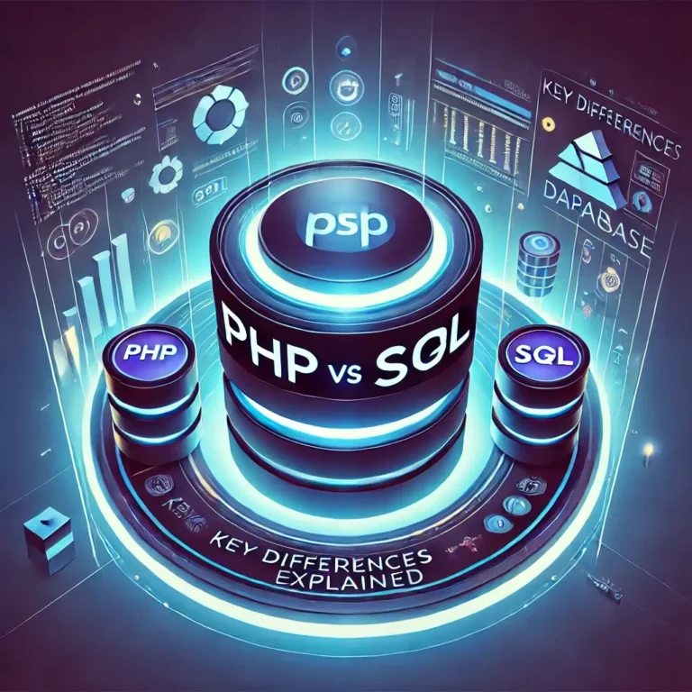 An eye-catching, futuristic web development-themed image featuring PHP and SQL symbols with a glowing blue and purple tech background. The words 'PHP vs SQL: Key Differences Explained' are displayed in a bold, stylish font.