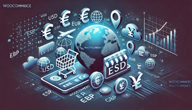 A dynamic digital illustration representing WooCommerce multi-currency functionality, demonstrating how to Change WooCommerce Currency Based on Location with a storefront, currency switcher, world map, and various currency symbols (USD, EUR, GBP) adapting based on user location.