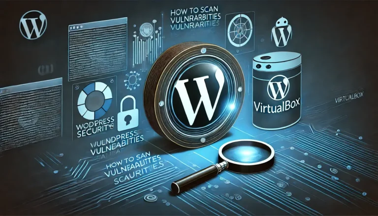A visually engaging cybersecurity-themed image representing WordPress vulnerability scanning using VirtualBox. The design includes a WordPress logo, a magnifying glass symbolizing security scanning, and a VirtualBox icon. The background features a digital security theme with blue and dark tones, reflecting cybersecurity aesthetics.
