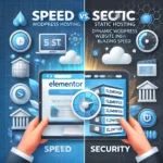 DALL·E 2025-03-12 23.48.57 – A professional and modern featured image for an article comparing Elementor Hosting vs. Static Hosting. The image should include a split-screen design A split-screen comparison of Elementor Hosting vs. Static Hosting. The left side displays a dynamic WordPress website using Elementor’s drag-and-drop builder, while the right side showcases a static site loading instantly. Icons for speed, security, and cost-effectiveness are included, with a clean blue and white tech-oriented color scheme.