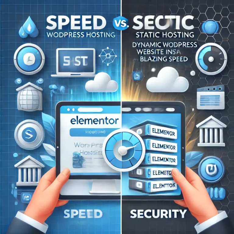 A split-screen comparison of Elementor Hosting vs. Static Hosting. The left side displays a dynamic WordPress website using Elementor’s drag-and-drop builder, while the right side showcases a static site loading instantly. Icons for speed, security, and cost-effectiveness are included, with a clean blue and white tech-oriented color scheme.