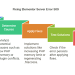 A five-step process diagram titled "Fixing Elementor Server Error 500" with colored blocks: Blue block labeled "Identify Error" — recognize the Server Error 500 in Elementor. Green block labeled "Determine Causes" — analyze causes like low PHP memory or plugin conflicts. Orange block labeled "Apply Fixes" — implement solutions such as increasing PHP memory or regenerating .htaccess. Light green block labeled "Test Solutions" — check if the error persists. Red arrow labeled "Resolve or Escalate" — resolve or contact hosting support if unresolved.