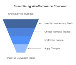 Visual representation of the WooCommerce checkout conversion funnel, detailing each step from product selection to purchase completion.