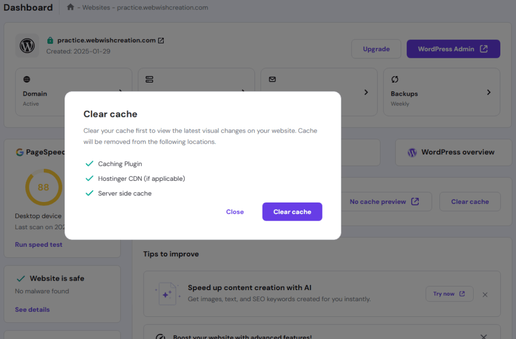 A pop-up window on the Hostinger dashboard titled “Clear cache” explains that cache will be cleared from the Caching Plugin, Hostinger CDN (if applicable), and server-side cache. Two buttons at the bottom allow the user to "Close" or "Clear cache."